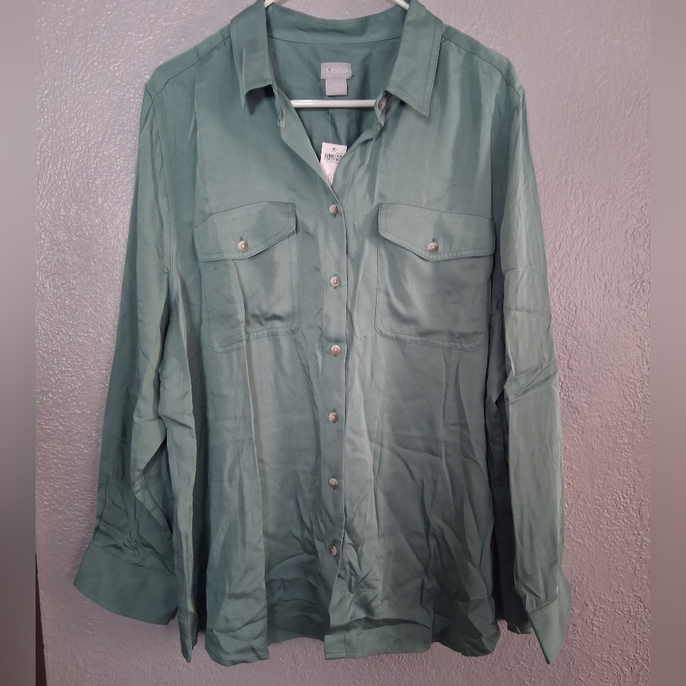 Chico's NWT Sandwash Satin Button Down Dolid Easy Shirt Frosted Teal 4/XXL